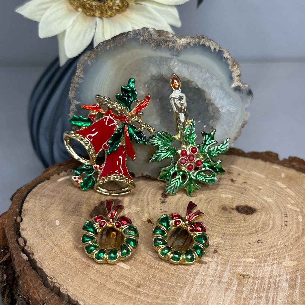 Christmas Festive Holiday 2 Pins Brooch and Clip On Earring Set